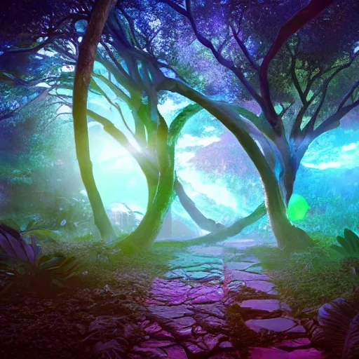 Prompt: active stargate to another dimension inside a beautiful tree in a densely overgrown jungle, fantasy, dreamlike sunrise volumetric lighting, ultra realistic, atmospheric, stopped in time, epic