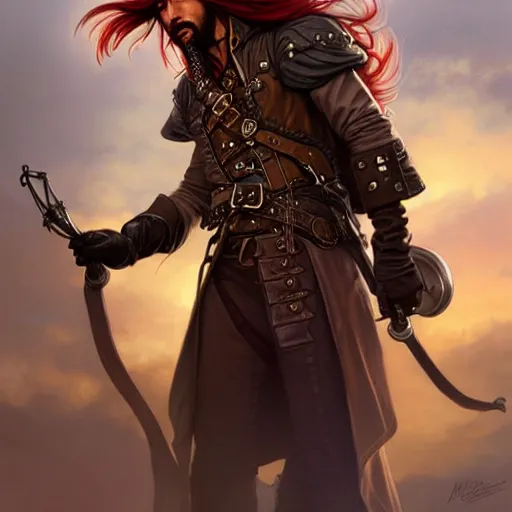 Image similar to male airship pirate, D&D, handsome, side profile, fantasy, intricate, long hair, leather coat, airship, steampunk, red hair, elegant, highly detailed, digital painting, artstation, concept art, smooth, sharp focus, illustration, art by artgerm and greg rutkowski and alphonse mucha