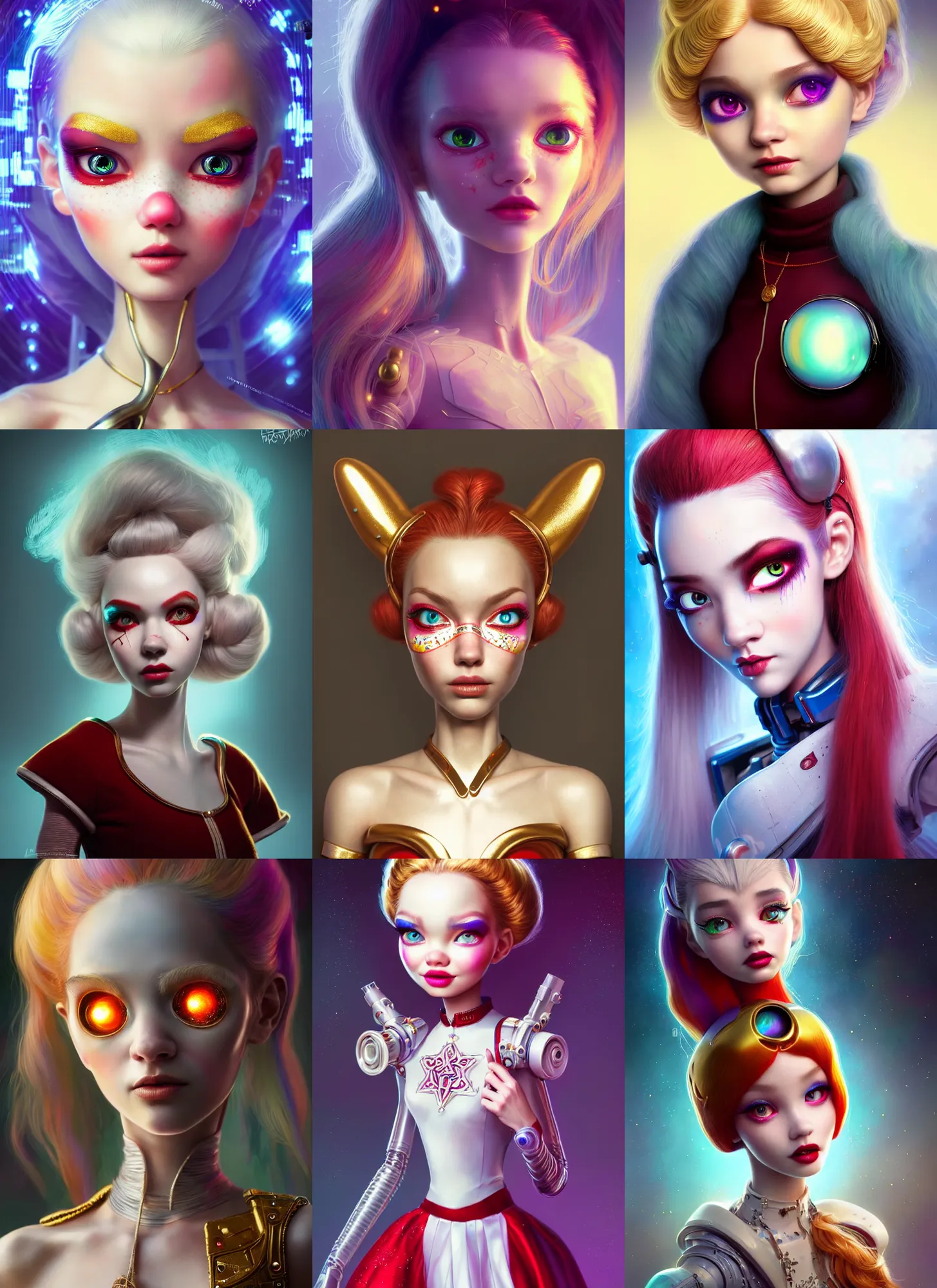 Prompt: pixar portrait 8 k photo, beautiful shiny white porcelain rich galactic santa clowncore russian cyborg college girl, golden ratio details, sci - fi, fantasy, cyberpunk, intricate, decadent, highly detailed, digital painting, ever after high, octane render, artstation, concept art, smooth, sharp focus, illustration, art by artgerm, loish, wlop