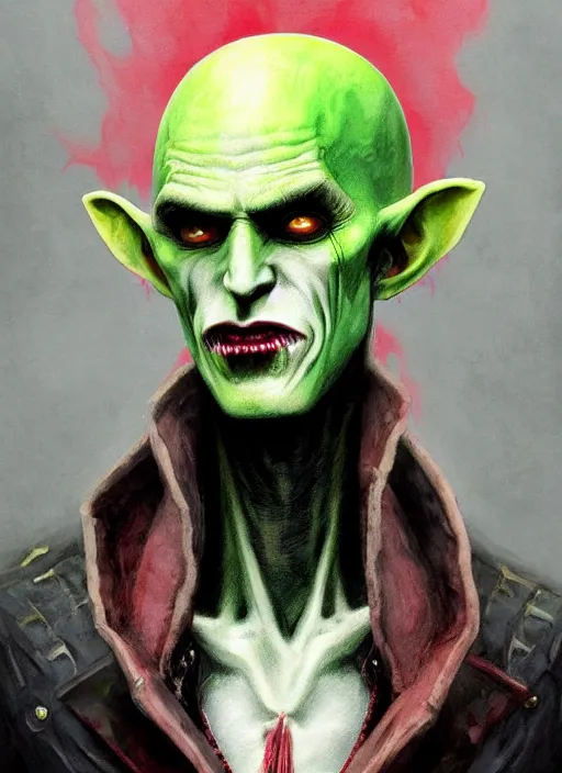 Prompt: a Demon Slayer portrait of Nosferatu, tall, pale-skinned, slender with lime green eyes and long eyelashes by Stanley Artgerm, Tom Bagshaw, Arthur Adams, Carne Griffiths, trending on Deviant Art, street art, face enhance, chillwave, maximalist, full of color, glittering