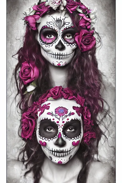 Prompt: Illustration of a sugar skull day of the dead girl, art by Peter Kemp