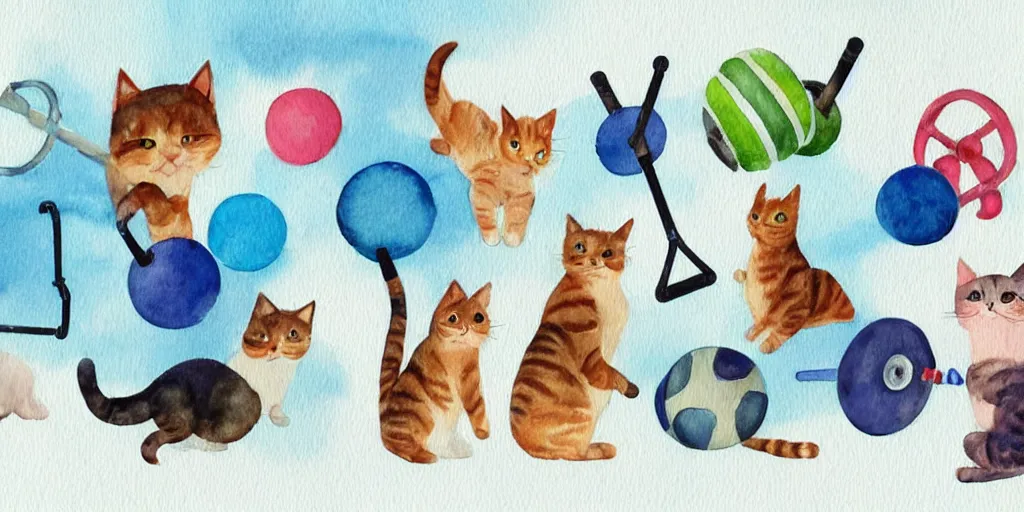 Image similar to watercolor illustration style, cute! cats!! training in the fitness studio with sports equipment!