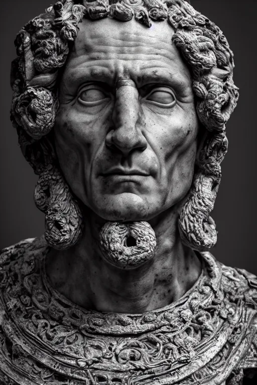 Image similar to a portrait of julius caesar, ancient roman setting, dynamic pose, close - up, intricate details, intricately detailed clothing, intricate textures, warm lighting, vivid colors, smoke and mist, realistic octane render, hyper realistic render, volumetric shading, depth of field, raytracing, 8 k,