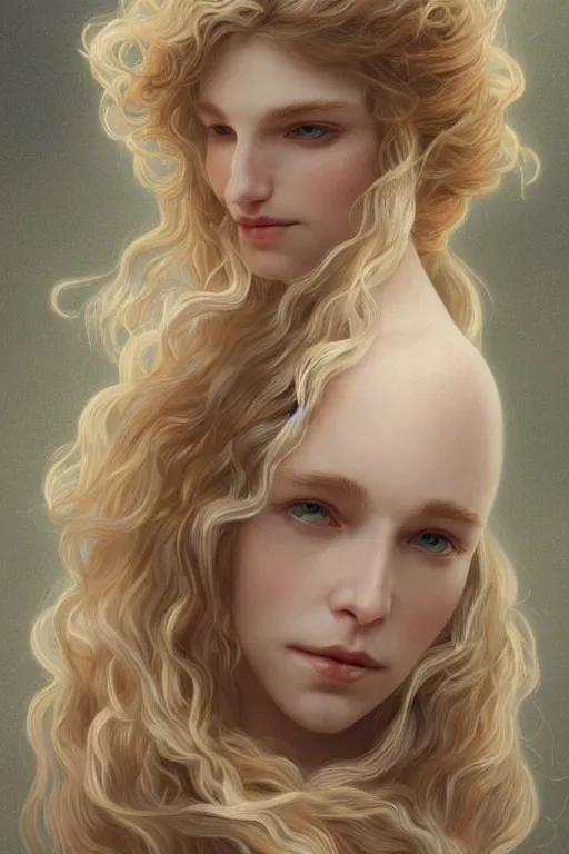 Prompt: beautiful cottagecore pale blond androgynous Lucius , long fluffy curly blond hair, pale skin, innocent, intricate, elegant, highly detailed, digital painting, artstation, concept art, smooth, sharp focus, illustration, art by artgerm and greg rutkowski and alphonse mucha