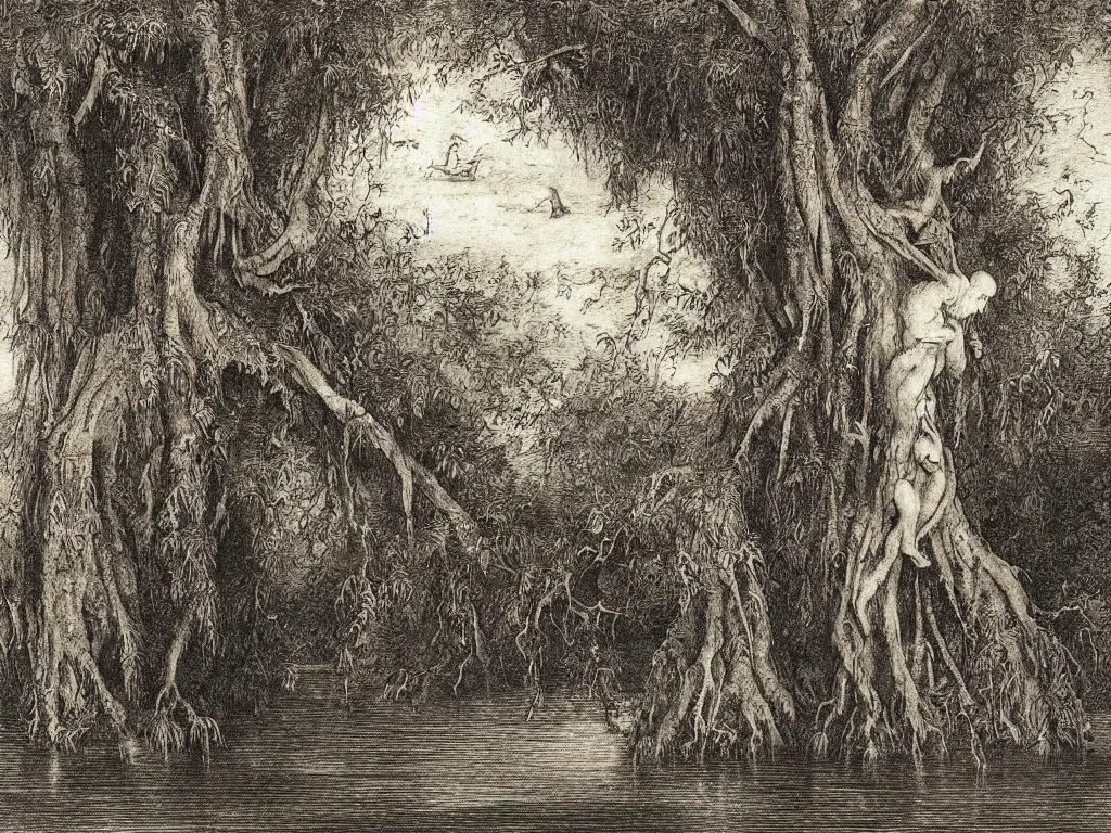 Prompt: Strange albino blue eyed man shoulders deep in a dark lake in the evening. Aurora Borealis, strange Banyan trees. Painting by Albrecht Durer and Gustave Doré, ink on paper.