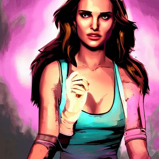 Image similar to natalie portman portrait, borderlands, tales from the borderlands, the wolf among us, comic, cinematic lighting, studio quality, 8 k