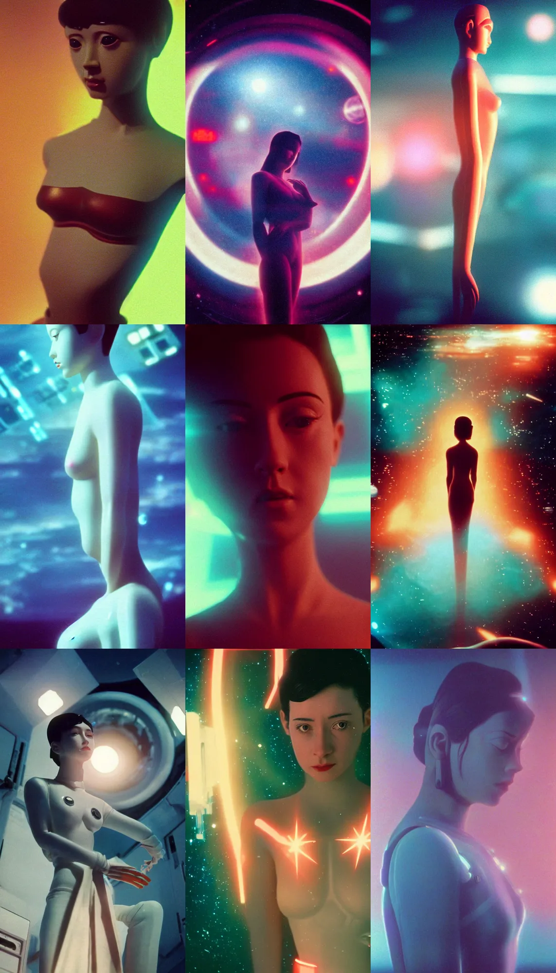 Prompt: Cinestill 50d, 8K, 35mm,J.J Abrams flare; beautiful ultra realistic vaporwave minimalistic pointé posed avalokiteshvara pilot in space(1950) film still medical lab scene, 2000s frontiers in blade runner retrofuturism fashion magazine September hyperrealism holly herndon edition, highly detailed, extreme closeup three-quarter pointé posed model portrait, tilt shift background, three point perspective: focus on anti-g flight suit;pointé pose;open mouth,terrified, eye contact, soft lighting