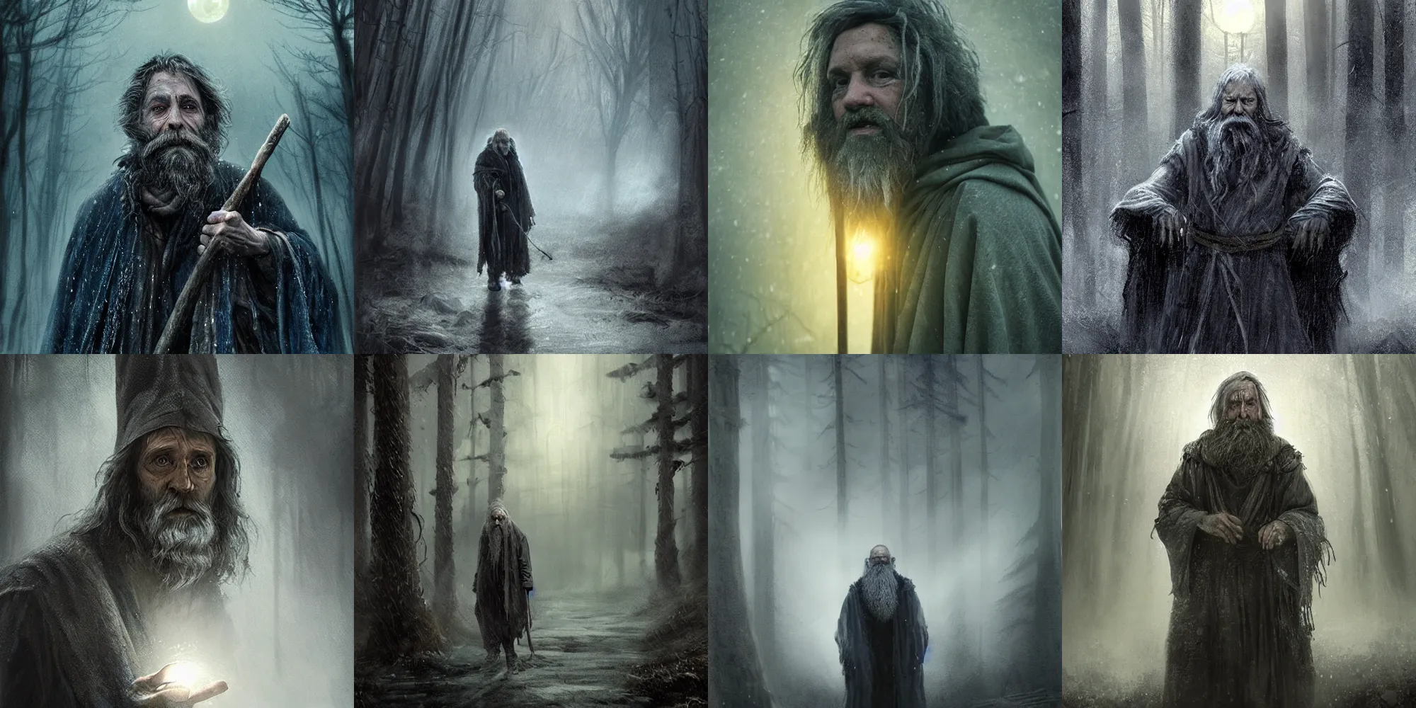 Prompt: an old, tired wizard with long, whinte beard, dressed in a ragged, gray traveling cloak. The background is a forrest in the night, heavy raining, full moon, dramatic lights, high detail, photorealistic, cinematic lighting, blue tones, atmospheric, fantasy concept art by Artur Mósca, Craig Wylie, Daniel Gerhartz