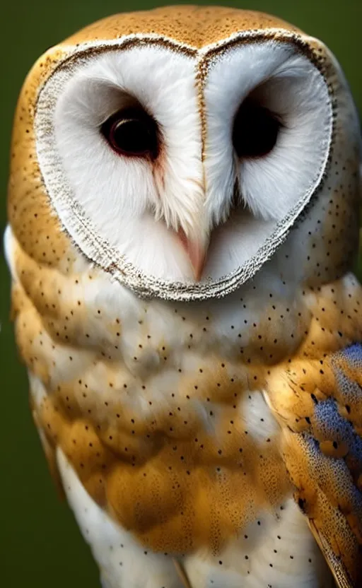 Prompt: a barn owl with a metal mask covering half of its face