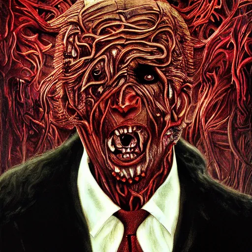 Image similar to biden became bloody ugly lovecraftian degenerate abomination, photo - realistic, color image, 2 k, highly detailed, bodyhorror, occult art, by giger, fractal structure