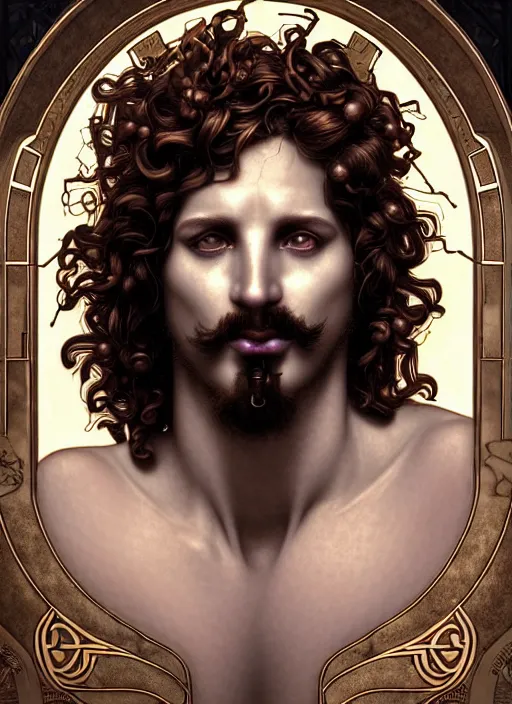 Image similar to portrait of greek god dionysus, auburn curly hair, glowing eyes, volumetric lights, goatee, feast, music notes, art nouveau botanicals, gothic, intricate, highly detailed, digital painting, artstation, concept art, smooth, sharp focus, symmetric face, illustration, steampunk, art by artgerm and greg rutkowski and alphonse mucha