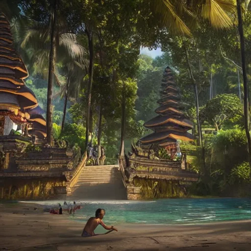 Image similar to A beautiful, perfect, impressive, amazing concept art digital CG painting of a place in Bali with people, trending on ArtStation, Unreal Engine