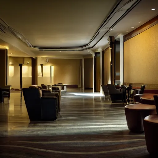 Prompt: photo in an empty hotel lobby, steaming cup of cappuccino on a low table, croissant on a plate, coffee spoon on a napkin, liminal, diffuse light, hdr, dslr