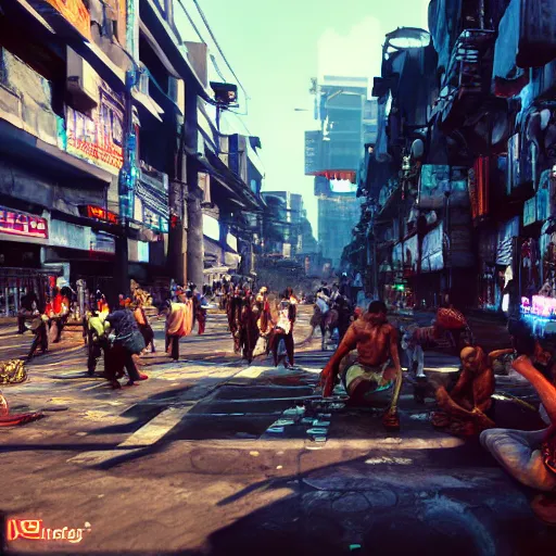 Image similar to crowded streets of manila turned cyberpunk filled with poverty, beggars and crime, deppresing image, unreal engine, artstation hd