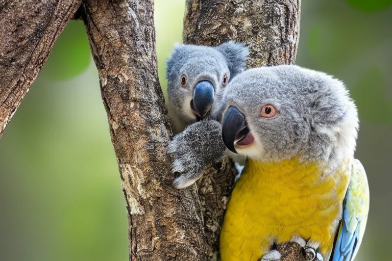 Image similar to award winning nature photograph of a parrot's beak on a cuddly koala in a tree. the koala is eating a eucalyptus leaf. focus on the beak. extreme detail, hyperrealistic photo, smooth, trending on artstation