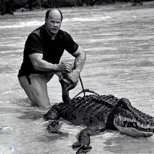 Image similar to steve austin wrangles a crocodile