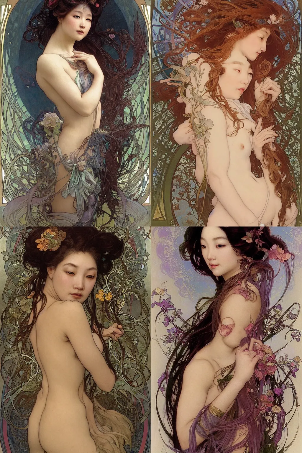 Prompt: stunning, breathtaking, awe-inspiring award-winning realistic concept art face portrait of mermaid Ashley Liao as a nymph goddess, by Alphonse Mucha, Ayami Kojima, Amano, Charlie Bowater, Karol Bak, Greg Hildebrandt, Jean Delville, and Mark Brooks, Art Nouveau, Neo-Gothic, gothic, rich deep colors, cyberpunk, extremely moody lighting, glowing light and shadow, atmospheric, shadowy, cinematic, 8K