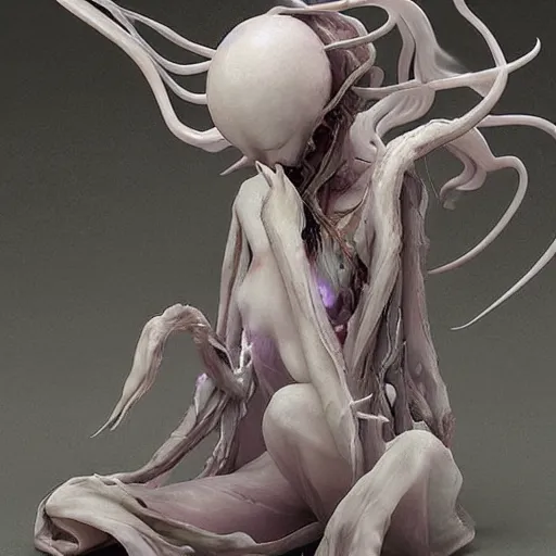 Prompt: an anime by yuji ikehata, of an ethereal ghostly wraith like figure with a squid like parasite latched onto its head and long tentacle arms that flow lazily but gracefully at its sides like a cloak, anime, vhs, grainy