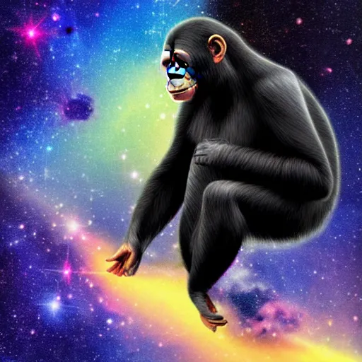 Image similar to a chimpanzee floating through outer space reaching out and touching nebula with it's finger, digital art, 8k