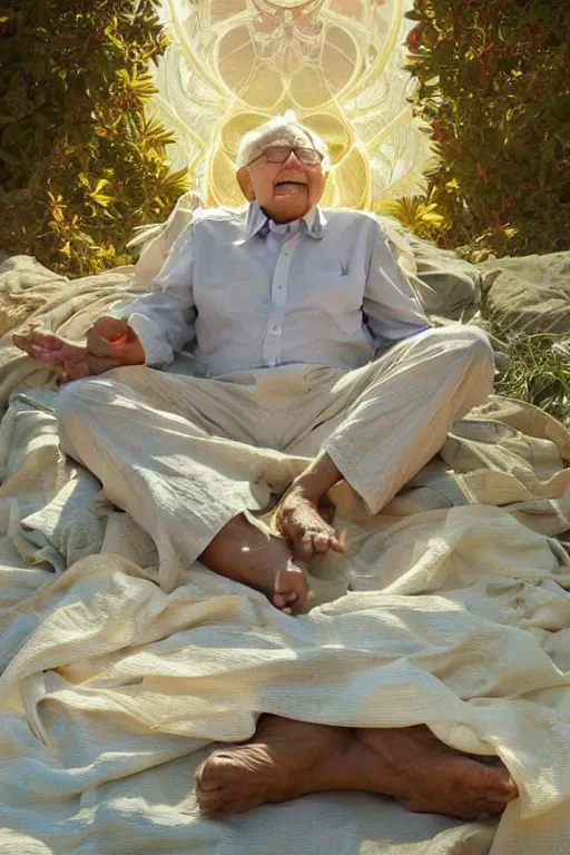 Image similar to warren buffet godly clothes meditating in the sun, yellow lighting ultra realistic photorealistic highly detailed high quality, a stunningly, digital painting, artstation, concept art, smooth, sharp focus, illustration, art by artgerm and greg rutkowski and alphonse mucha 8 k