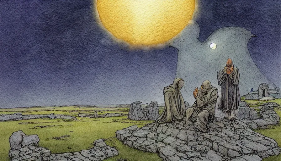 Image similar to a realistic and atmospheric watercolour fantasy concept art of a golden ufo landing in stonehenge. a giant medieval monk in grey robes on his knees praying. a sliver of moon in the sky. muted colors. by rebecca guay, michael kaluta, charles vess and jean moebius giraud