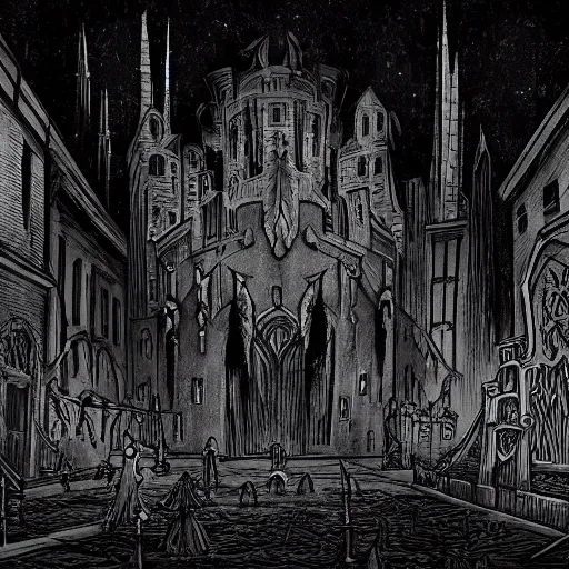 Prompt: a gothic horror lovecraftian cityscape in an eternally dark haunted world full of demons and ghosts