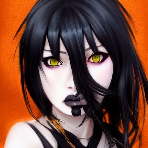 Image similar to front-facing headshot of a young gothic anime woman with black hair and golden highlights, wearing pretty makeup, drawn by WLOP, by Avetetsuya Studios, anime drawing, trending on artstation