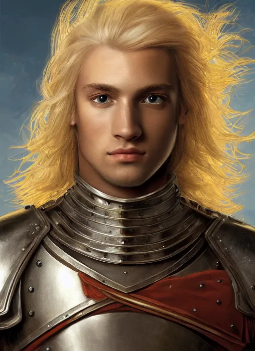 Image similar to oilpainting of a handsome young knight with a beautiful face and clear skin, long blond hair, wearing an intricate and detailed plate armor, no helmet, high resolution, clear image, digital art, studio photo, 4 k, clear lines, artstation, rendition by jan van eyck