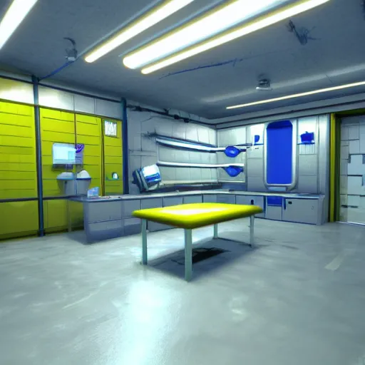 Image similar to secret experiments room inside a big lab, nuclear waste, highly detailed, hd, unreal engine, blue and white, mirror's edge + i, robot