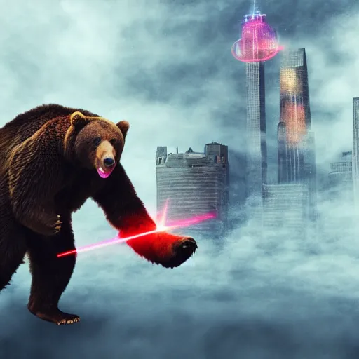 Image similar to a giant angry bear throwing laser by the hands attacking the city, photomanipulation, photoshop, digital art