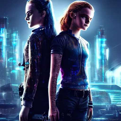 Prompt: emma watson and sadie sink in cyberpunk style digital art very detailed 4 k detailed super realistic