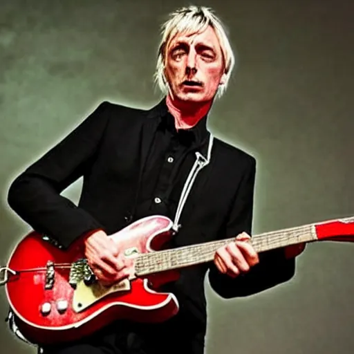 Prompt: a realistic photo of paul weller on stage