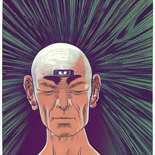 Image similar to moebius portrait of a zen EEG meditator, cyberpunk science fiction, ultra detailed nostalgic facial expression somewhere between pain and love, electrodes on scalp, incredible illustration