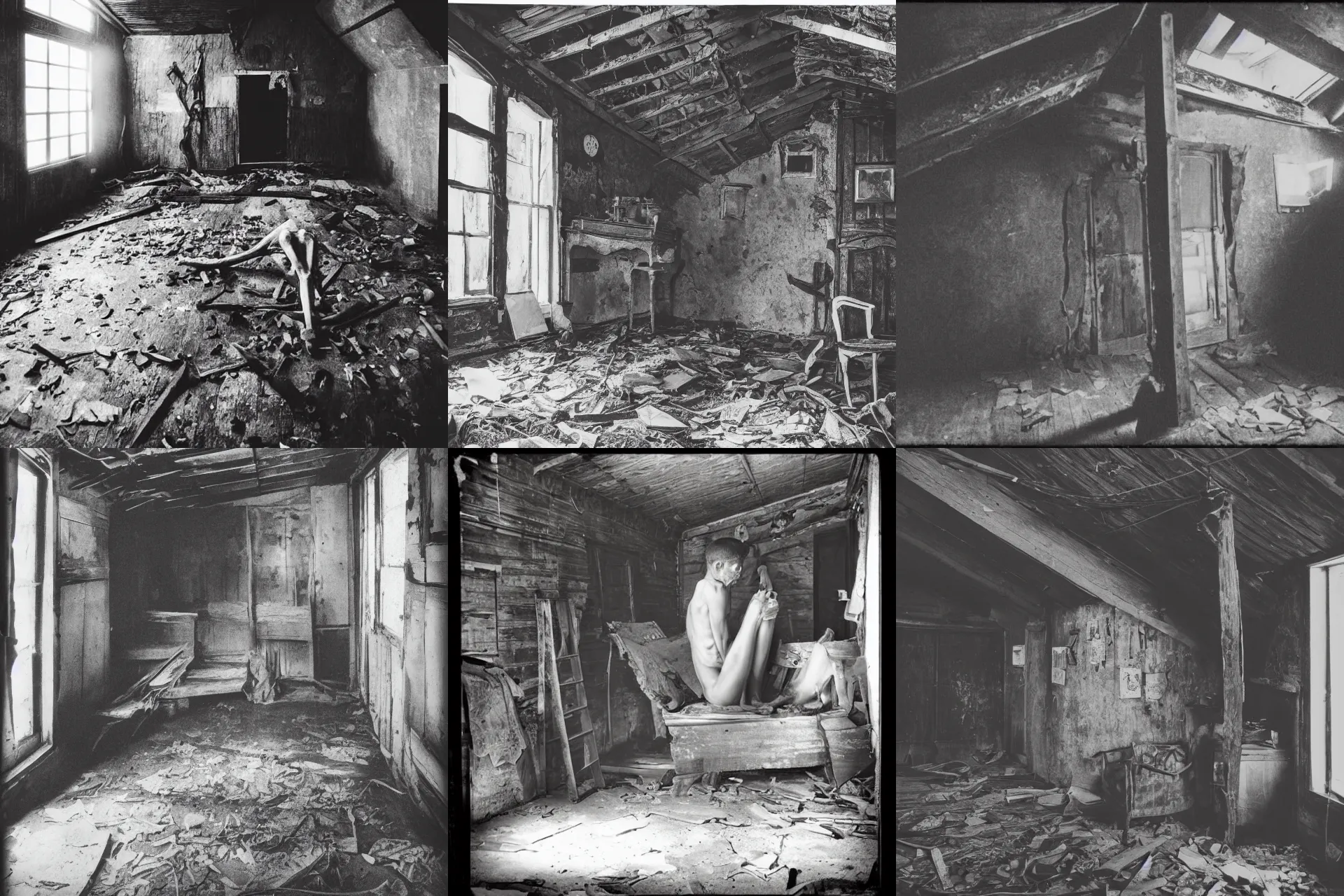 Prompt: a vintage black and white photograph of an emaciated monster in a decrepit attic