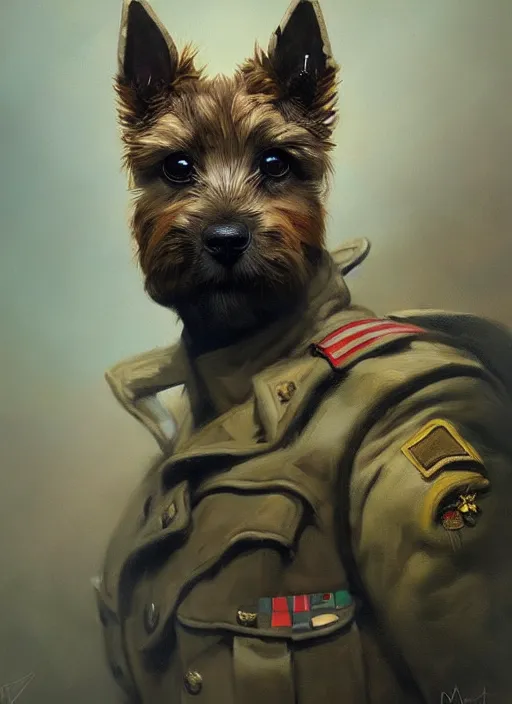 Image similar to norwich terrier as an soldier, backround dark, highly detailed, digital illustration, trending in artstation, modern painting, smooth, sharp focus, intricate, by peter mohrbacher