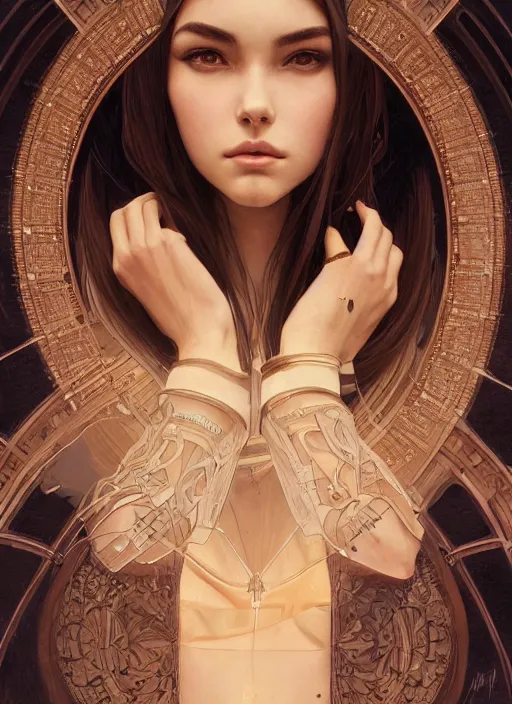 Image similar to symmetry!! madison beer, machine parts embedded into face, intricate, elegant, highly detailed, digital painting, artstation, concept art, smooth, sharp focus, illustration, art by artgerm and greg rutkowski and alphonse mucha, 8 k