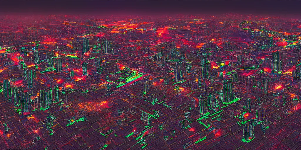 Prompt: aztec city of tenochtitlan, birds eye view, rgb lights, futuristic, scifi, advanced technology, neon, high quality, trending on artstation, high detail, by Gabriel Björk Stiernström