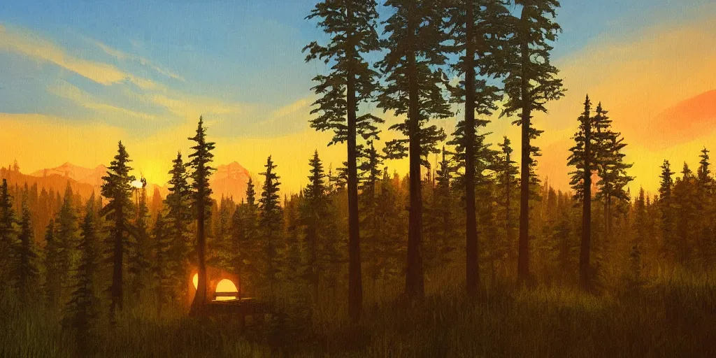 Prompt: A majestic firewatch tower in the woods at sunset Acrylic Painting, Detailed, Volumetric Lighting, Matte Finish