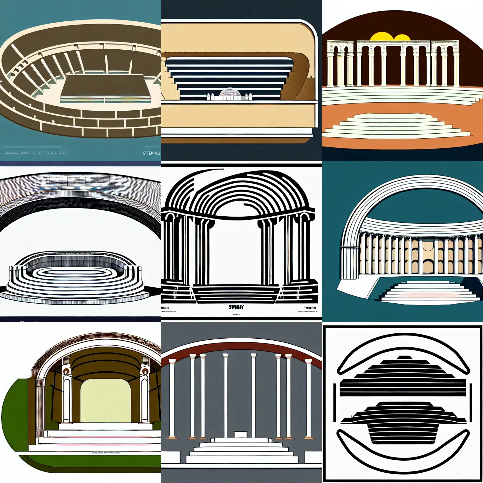 Prompt: a stephen biesty cross - section of simplified!!! smooth shaded ancient amphitheater, precise! vector trace, 3 / 4 wide shot, tom whalen, occlusion, white background