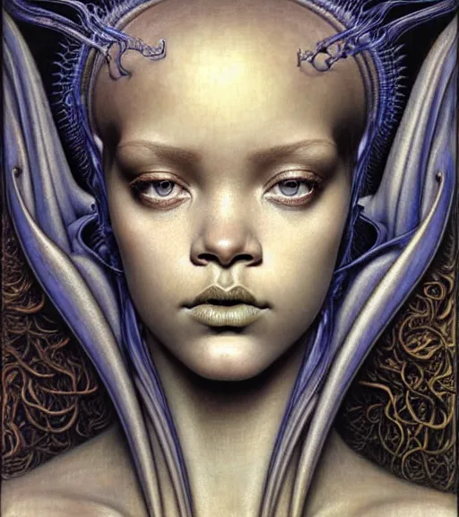 Image similar to detailed realistic beautiful young medieval alien robot rihanna face portrait by jean delville, gustave dore and marco mazzoni, art nouveau, symbolist, visionary, gothic, pre - raphaelite. horizontal symmetry by zdzisław beksinski, iris van herpen, raymond swanland and alphonse mucha. highly detailed, hyper - real, beautiful, fractal baroque