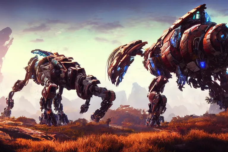 Image similar to thunderjaw machine mecha animal beast robot of horizon forbidden west horizon zero dawn bioluminiscence global illumination ray tracing hdr fanart arstation by sung choi and eric pfeiffer and gabriel garza and casper konefal