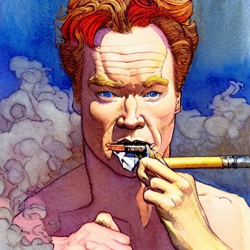 Image similar to a realistic and atmospheric watercolour fantasy character concept art portrait of conan o'brien with pink eyes wearing a wife beater and smoking a huge blunt by rebecca guay, michael kaluta, charles vess and jean moebius giraud