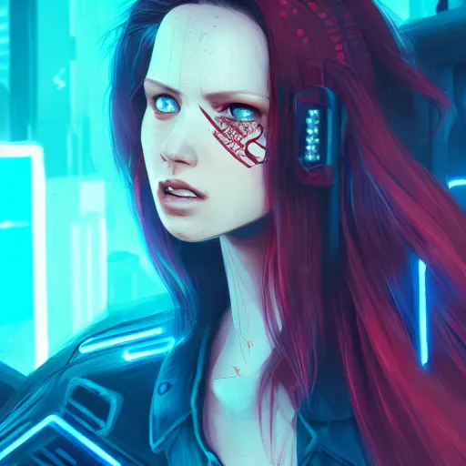 Prompt: a girl with red hair and blue eyes, cyberpunk, rooftop, teal neon lights, highly detailed, digital painting, artstation, concept art, sharp focus, illustration