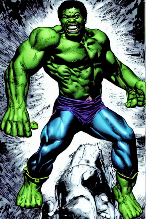 Prompt: eddie murphy as the incredible hulk, full body, vector image, comic books style, very detailed, by jim lee, by todd mcfarlane, by rob liefeld
