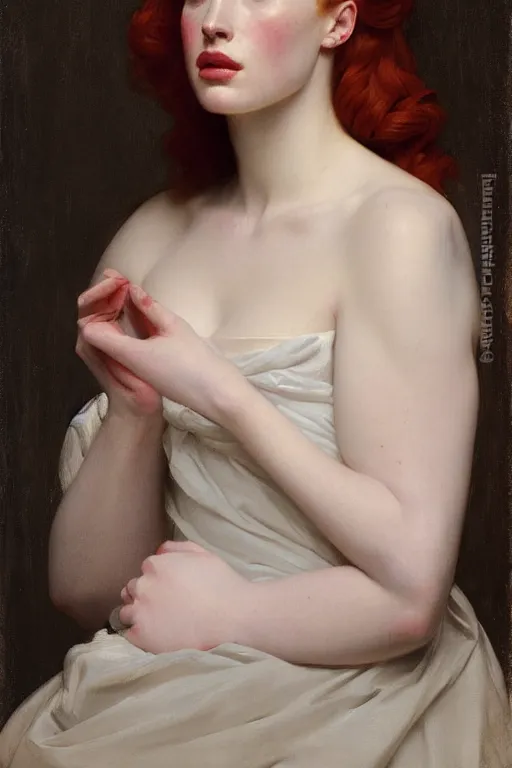 Prompt: portrait en buste Madelaine Petsch in period dress by Roberto Ferri, by Jeremy Lipking, Realism