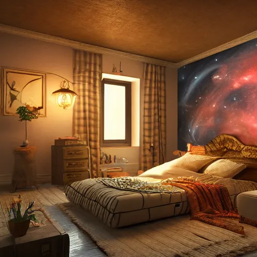 Image similar to a cozy bohemian bedroom interior with wall murals of space whales, detailed, high resolution, wow!, intricate, volumetric lighting, raytracing