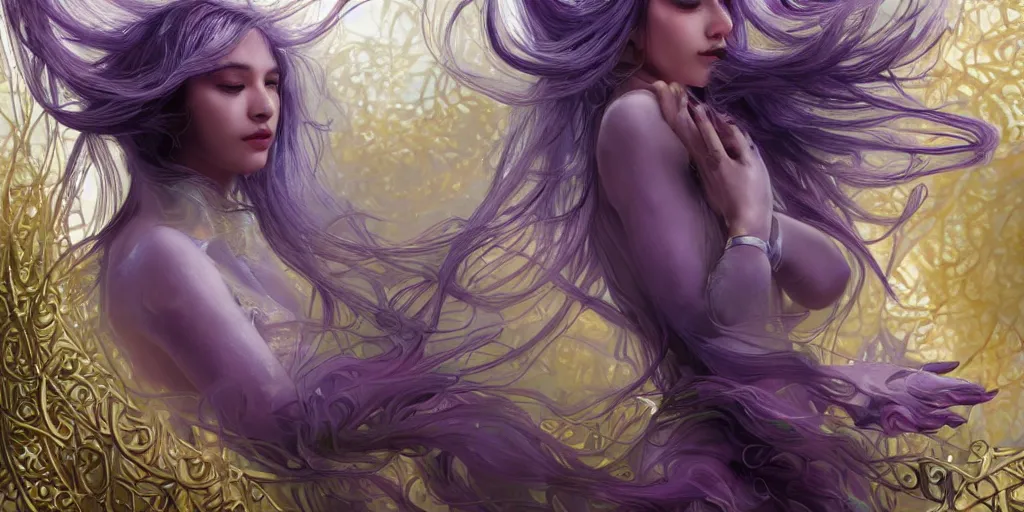 Image similar to wide angle, opalescent purple panther, metallic silver and ice color reflected crystal hair, leaping from babaob tree, fantasy, intricate, very beautiful, elegant, golden light, highly detailed, digital painting, artstation, concept art, smooth, sharp focus, unreal engine, art by wlop and tian zi and alphonse mucha