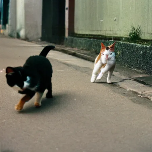 Image similar to a photo of a cat chasing a terrified dog, disposable film