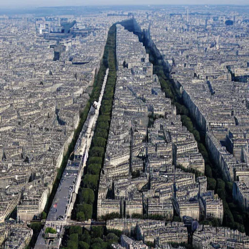 Prompt: an aerial shot of a post - apocalyptical paris overtaken by vegetation