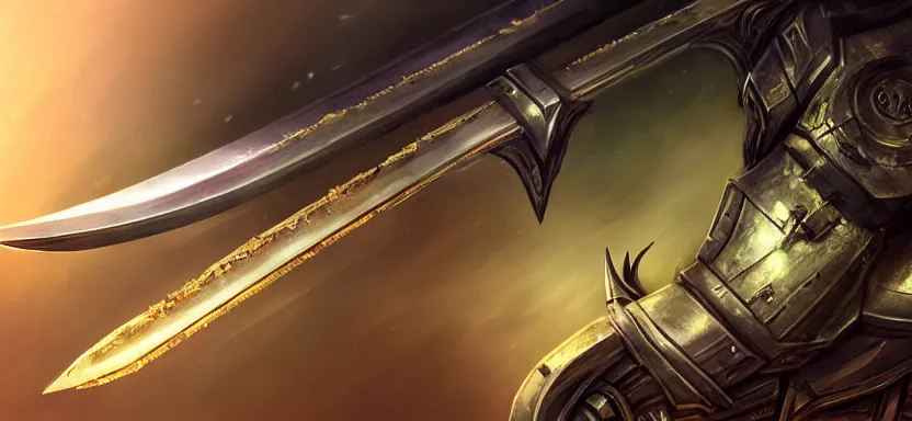 Image similar to legendary sword of cybernetic technology lying flat on a glowing table with a long sharp black and iridescent sword blade, digital award winning hd matte painting, intimate dark moody, intricate, ornate spikes, colorful hilt, detailed realistic, raytraced blade, colored gems, golden pommel, in the style of greg rutkowski and krenz cushart, deviantart